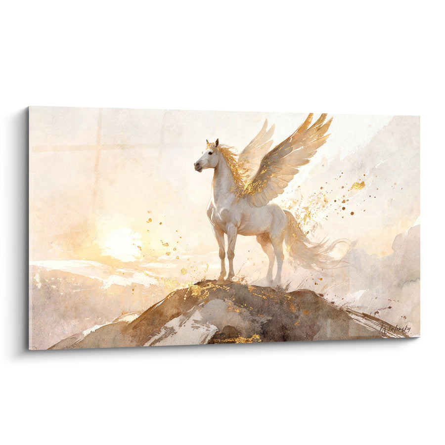 Tableau Cheval ailé blanc et doré sur un promontoire - Veille au sommet - Edition Pégase