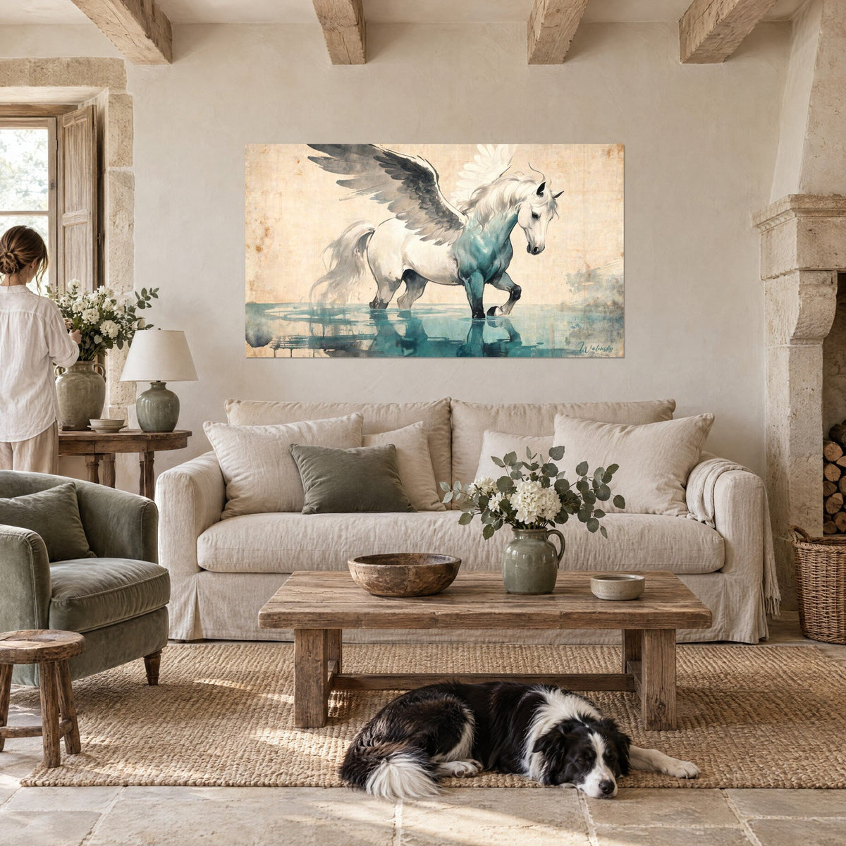 Tableau Pégase blanc aux ailes grises déployées, reflet turquoise dans l'eau, femme et collie, au-dessus d'un canapé dans un salon lumineux