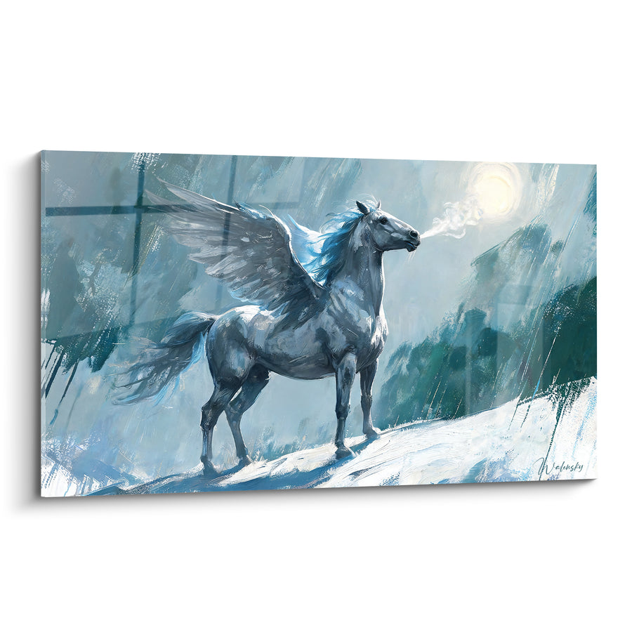 Tableau Cheval ailé bleu et blanc sur crête enneigée - Souffle glacé des cimes - Edition Pégase