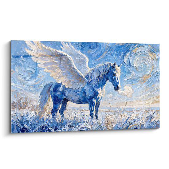Tableau Pégase bleu et doré aux ailes déployées - Souffle céleste - Edition Pégase