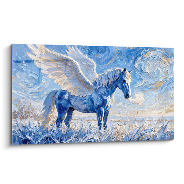 Tableau Pégase bleu et doré aux ailes déployées - Souffle céleste - Edition Pégase