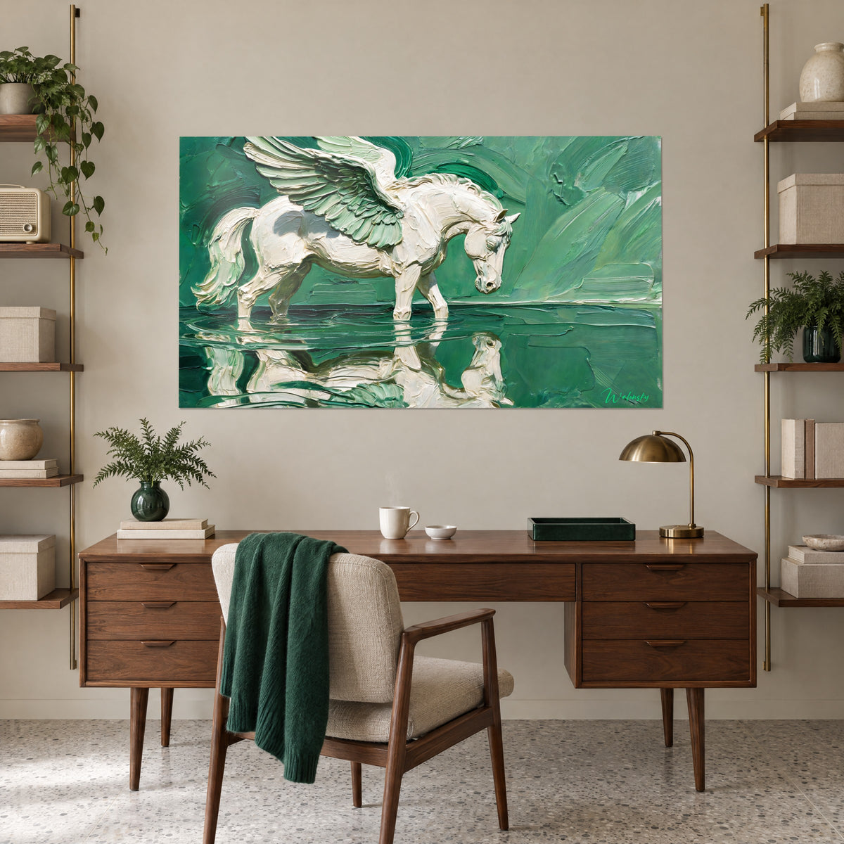 Wall art of a Pegasus in profile, ivory-white coat, pale green wing, raised layers of paint, hung above a wooden desk
