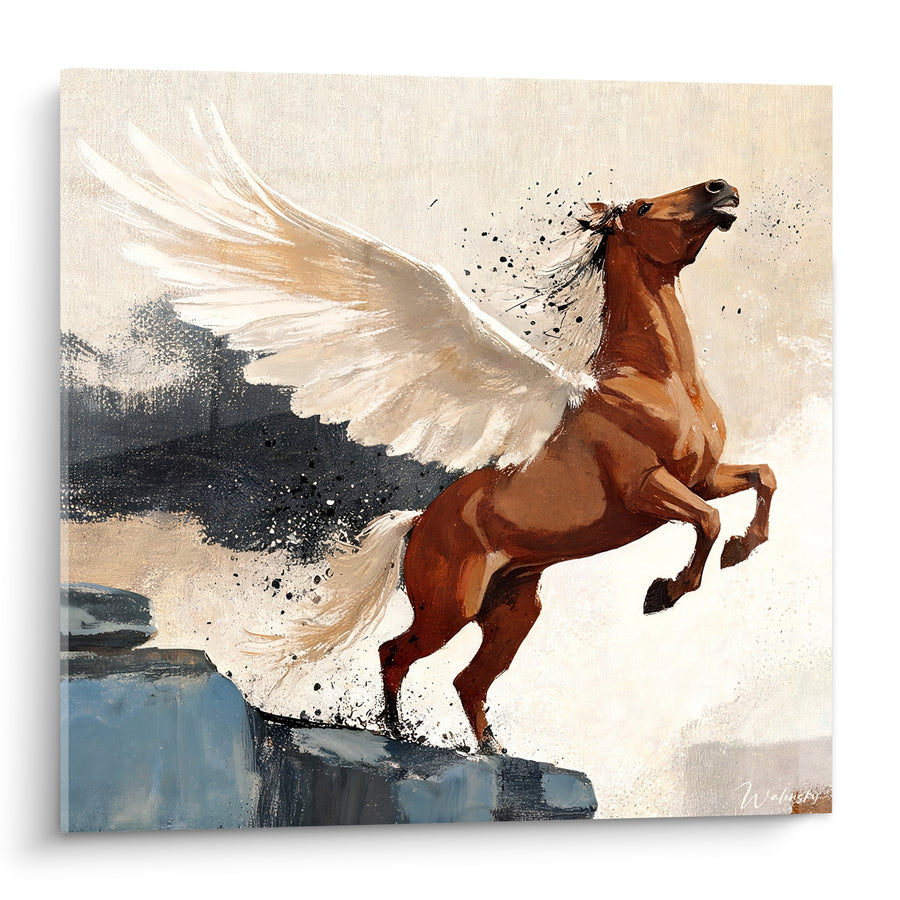 Tableau Cheval ailé brun et bleu cabré sur falaise - Envol vers les cimes - Edition Pégase