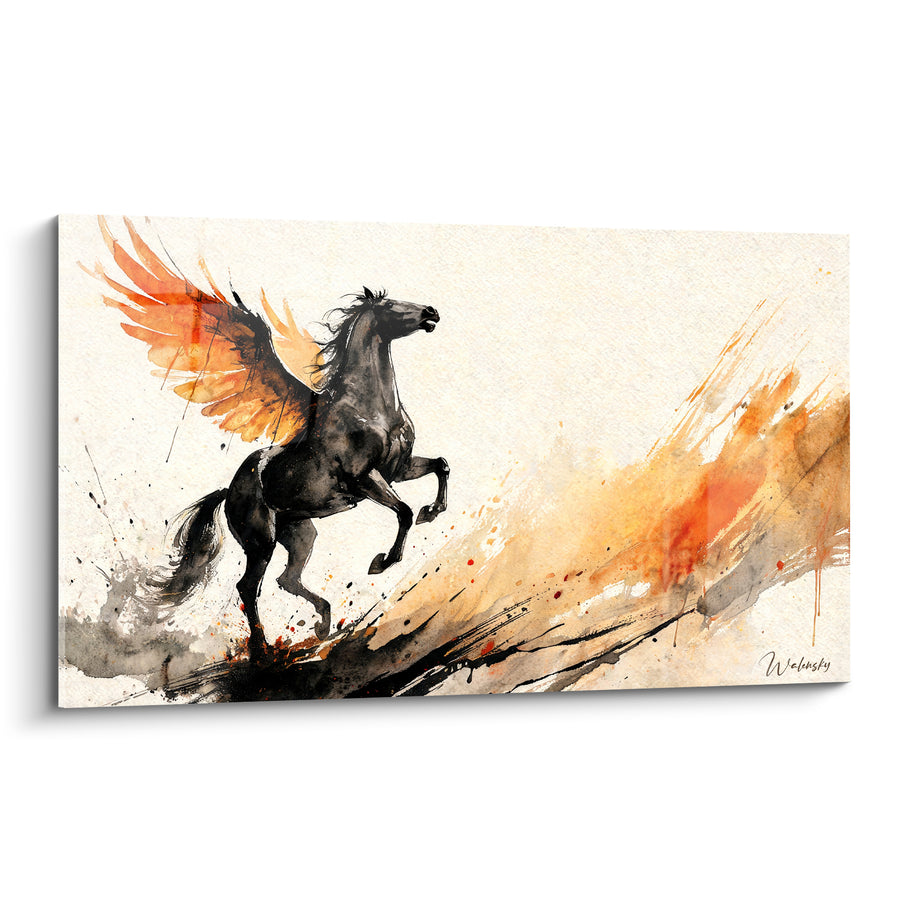 Tableau Cheval ailé noir et orange cabré sur fond clair - Traînée d'encre diluée - Edition Pégase