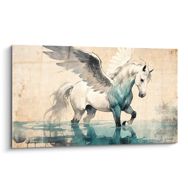Tableau Cheval ailé blanc et turquoise dans l'eau - Apparition légendaire - Edition Pégase
