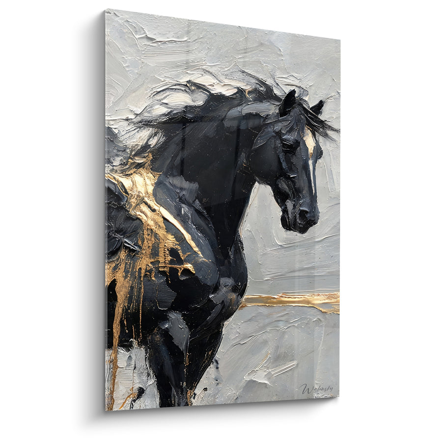 Tableau Cheval noir aux coulures dorées - Souffle indompté - Edition Pégase