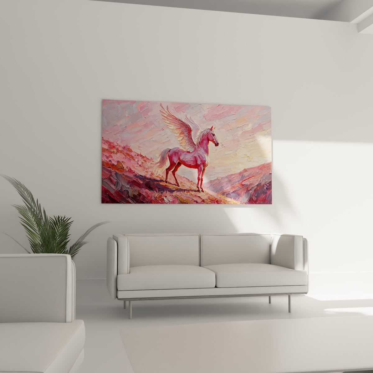 Créature ailée corail et pêche accrochée au-dessus d'un canapé dans un salon lumineux