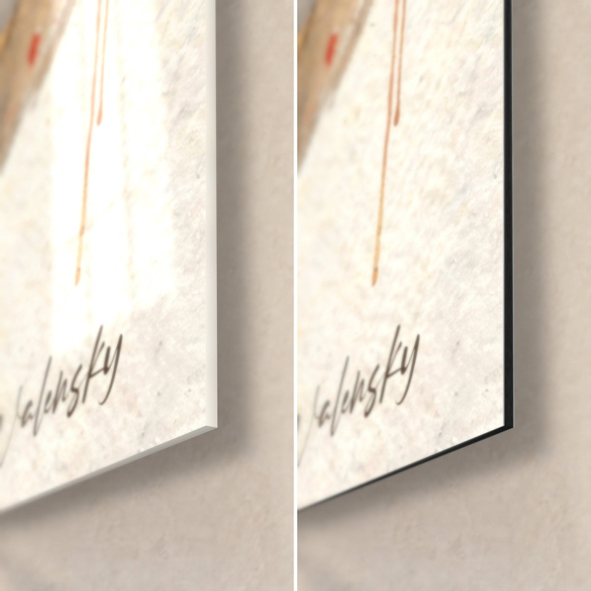 Tableau étalon ailé noir et orange, coin bas droit : verre acrylique brillant à reflets à gauche, alu Dibond mat à droite, tranche noire de 3 mm