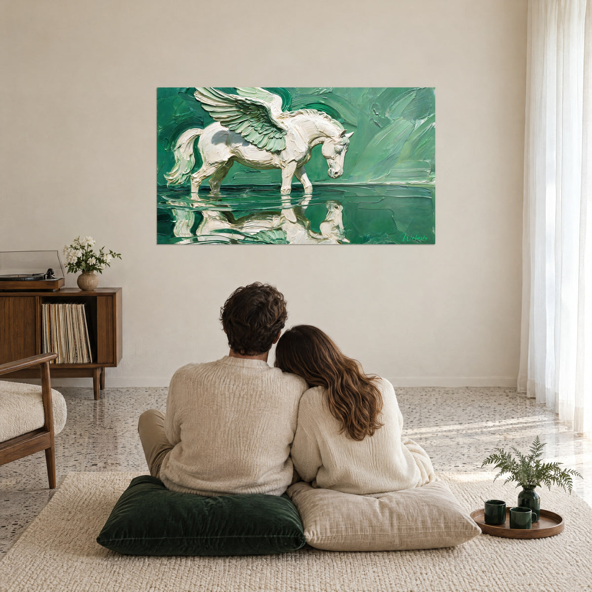 Wall art of a white winged horse splashing in jade-green water, thick palette-knife strokes, facing a couple seated on the floor with their backs turned