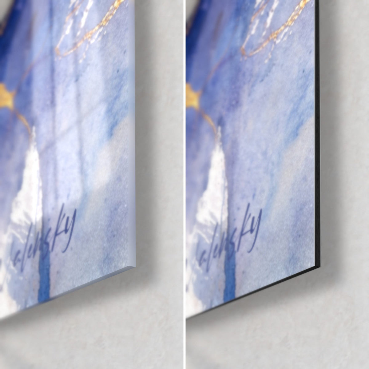 Tableau étalon ailé aux veines d'or, coin bas droit : verre acrylique brillant à gauche, alu Dibond mat à droite, tranche de 3 mm