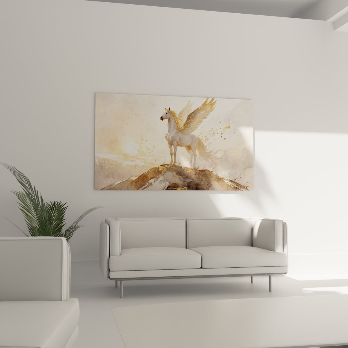 Cheval mythique aux ailes ocre et blanches sur promontoire, disposé au-dessus d'un canapé dans un salon lumineux