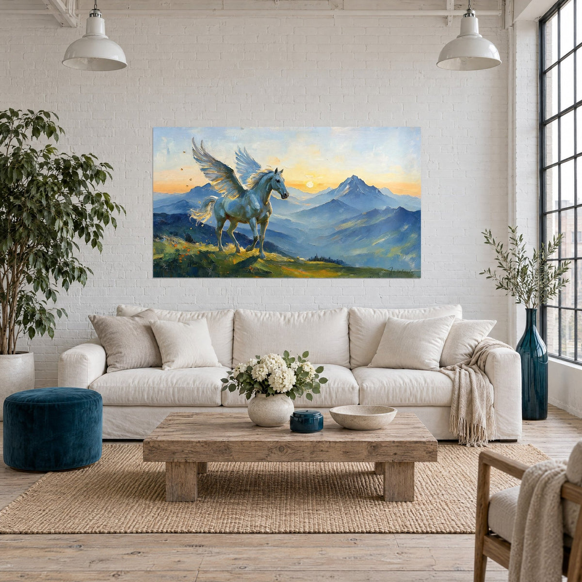 Tableau cheval ailé blanc surplombant des cimes bleutées, ciel orangé, accroché au-dessus d'un canapé dans un salon lumineux