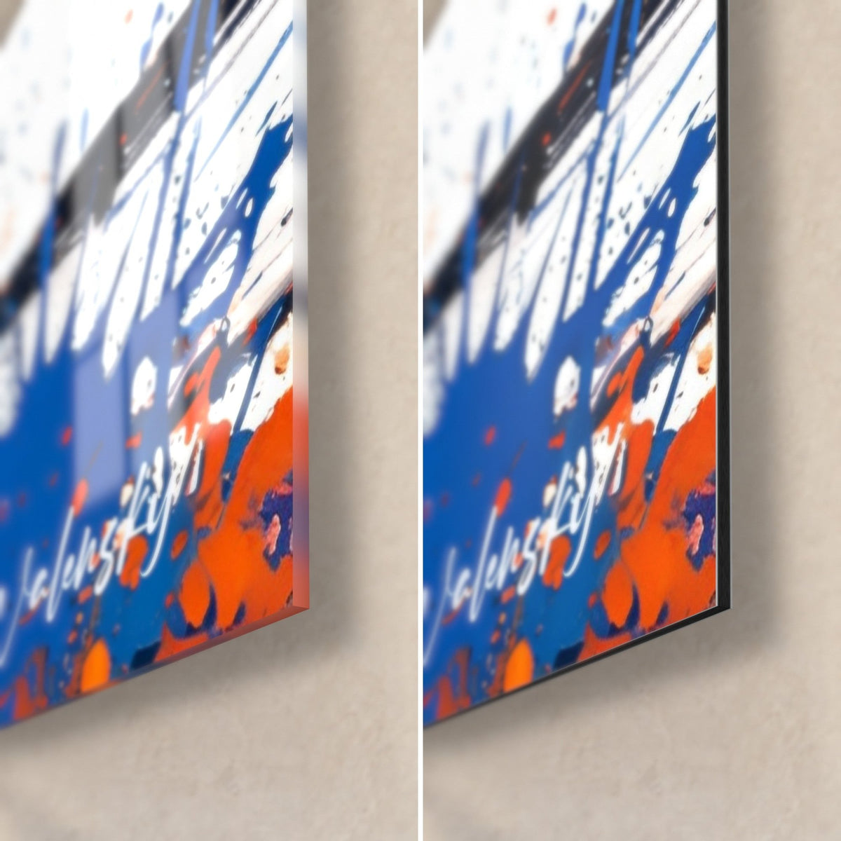 Tableau cheval ailé noir, éclaboussures orange et bleu, coin bas droit : verre brillant à gauche, Dibond mat à droite, tranche de 3 mm