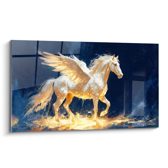 Tableau Cheval ailé blanc et bleu marchant sur eau lumineuse - Éclat doré nocturne - Edition Pégase