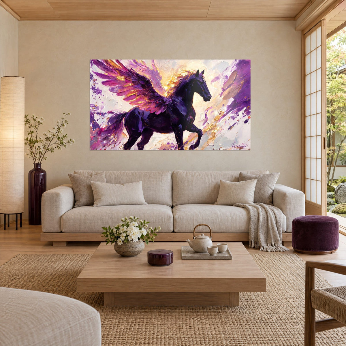 Tableau cheval ailé noir aux plumes pourpres et dorées, pelage violet nuit, au-dessus d'un canapé dans un salon lumineux