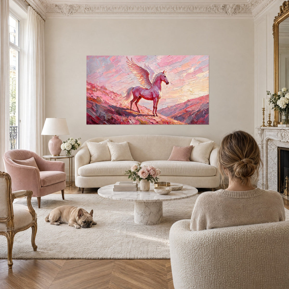 Tableau Pégase ailé rose et corail galopant sur la colline, regardé par une femme et un bulldog, au-dessus d'un canapé dans un salon lumineux