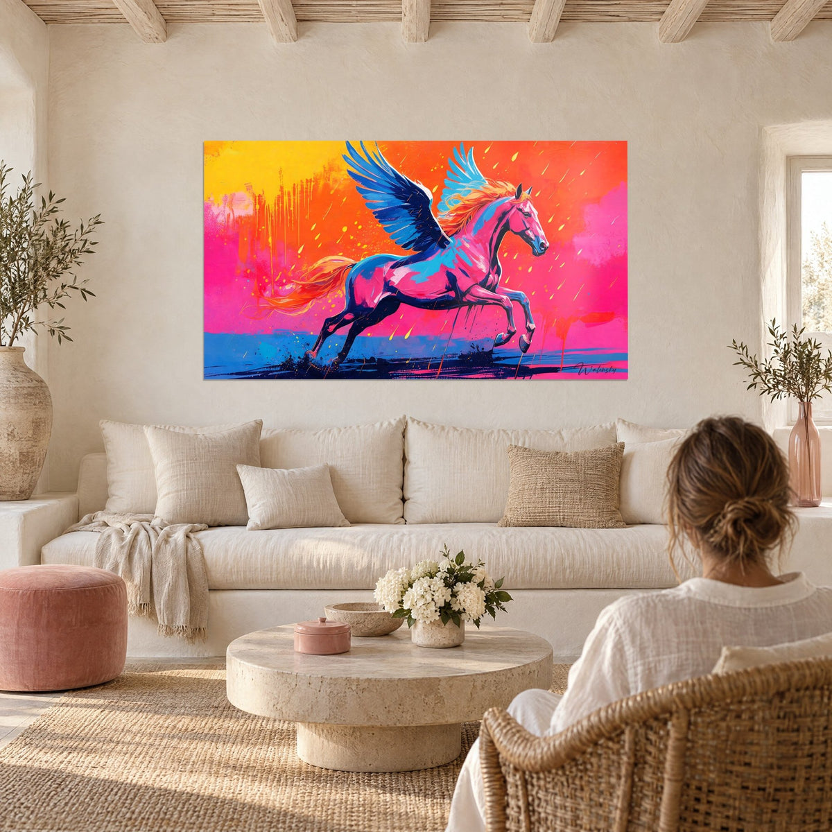 Tableau cheval ailé rose et bleu au galop, crinière orange flamboyante, fond jaune et corail, au-dessus d'un canapé dans un salon lumineux