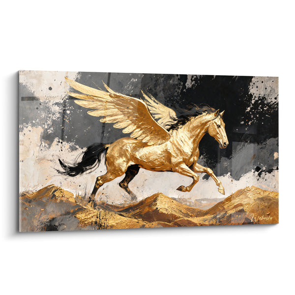 Tableau Cheval ailé doré et noir sur dunes - Crinière sombre au vent - Edition Pégase