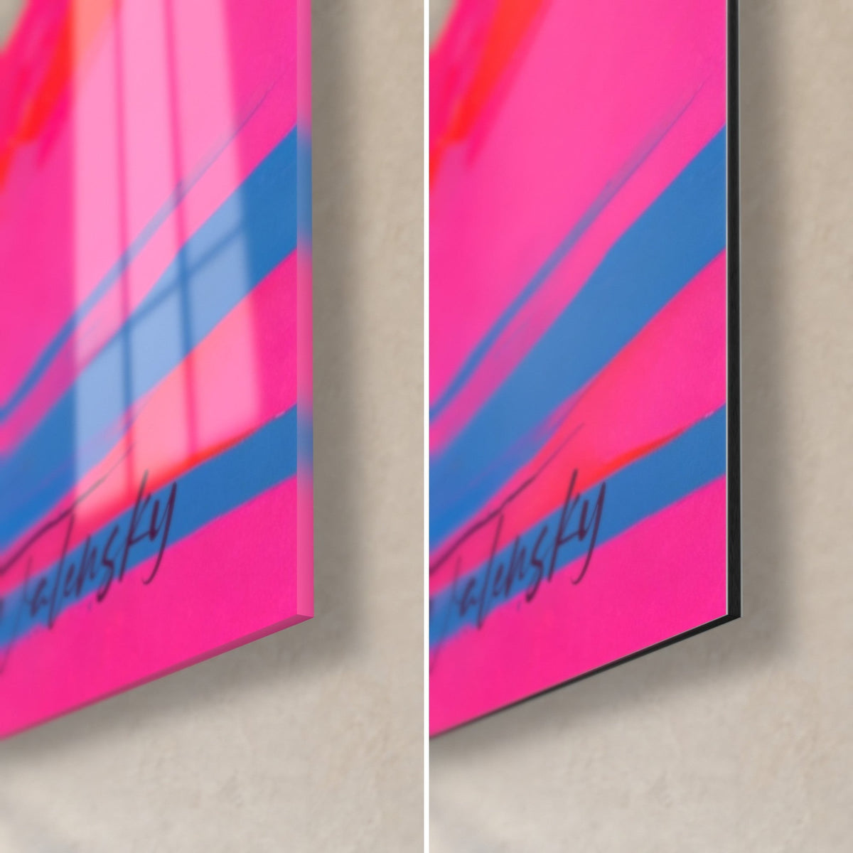 Tableau étalon ailé rose vif, coin bas droit en verre acrylique brillant et alu Dibond mat, signature Walensky, tranche de 3 mm