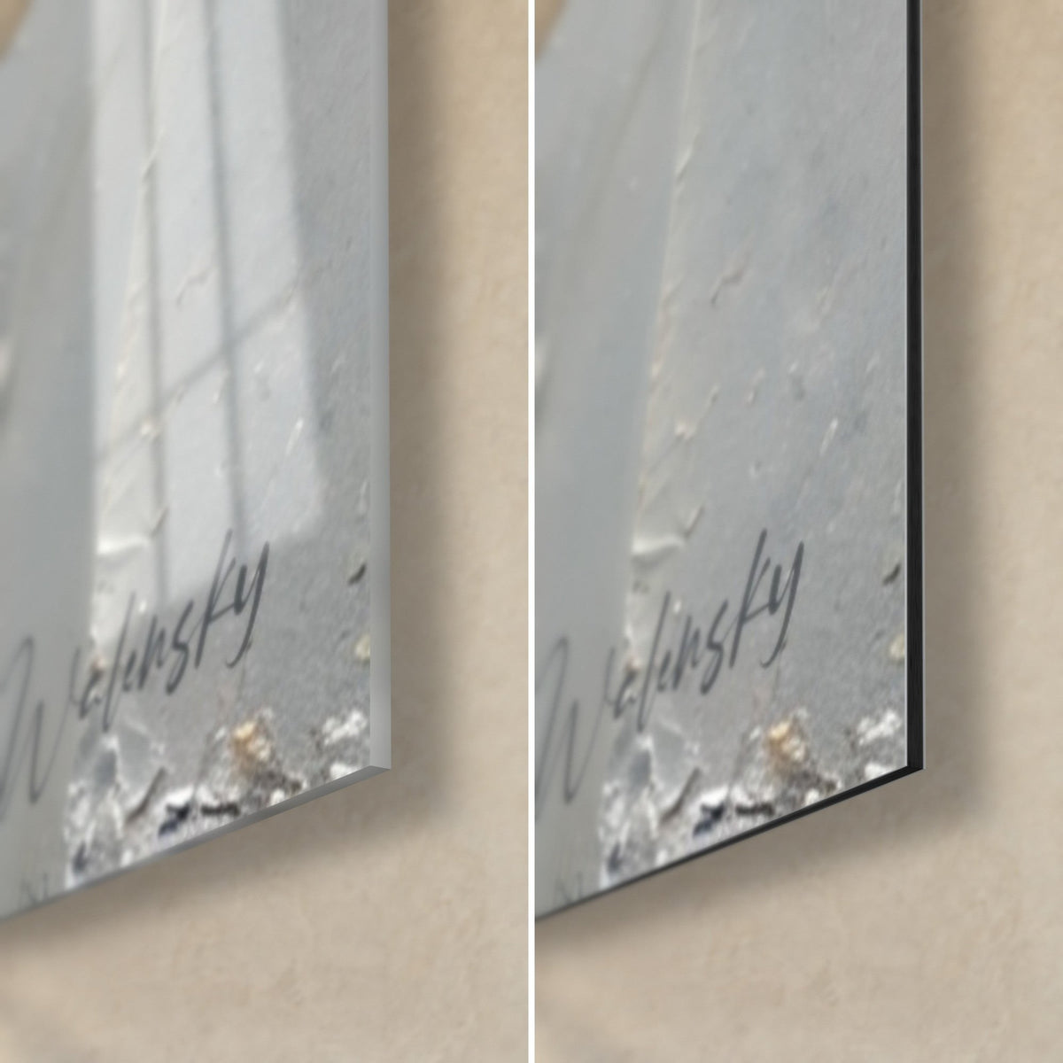 Tableau pur-sang noir et or, coin bas droit : verre acrylique brillant aux reflets à gauche, Dibond mat à droite, tranche 3 mm