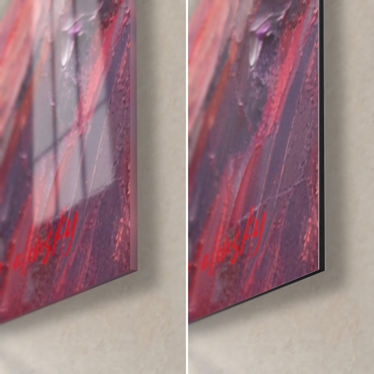 Tableau étalon ailé rose, coin bas droit en peinture épaisse rouge et violette, verre brillant à gauche, Dibond noir mat à droite