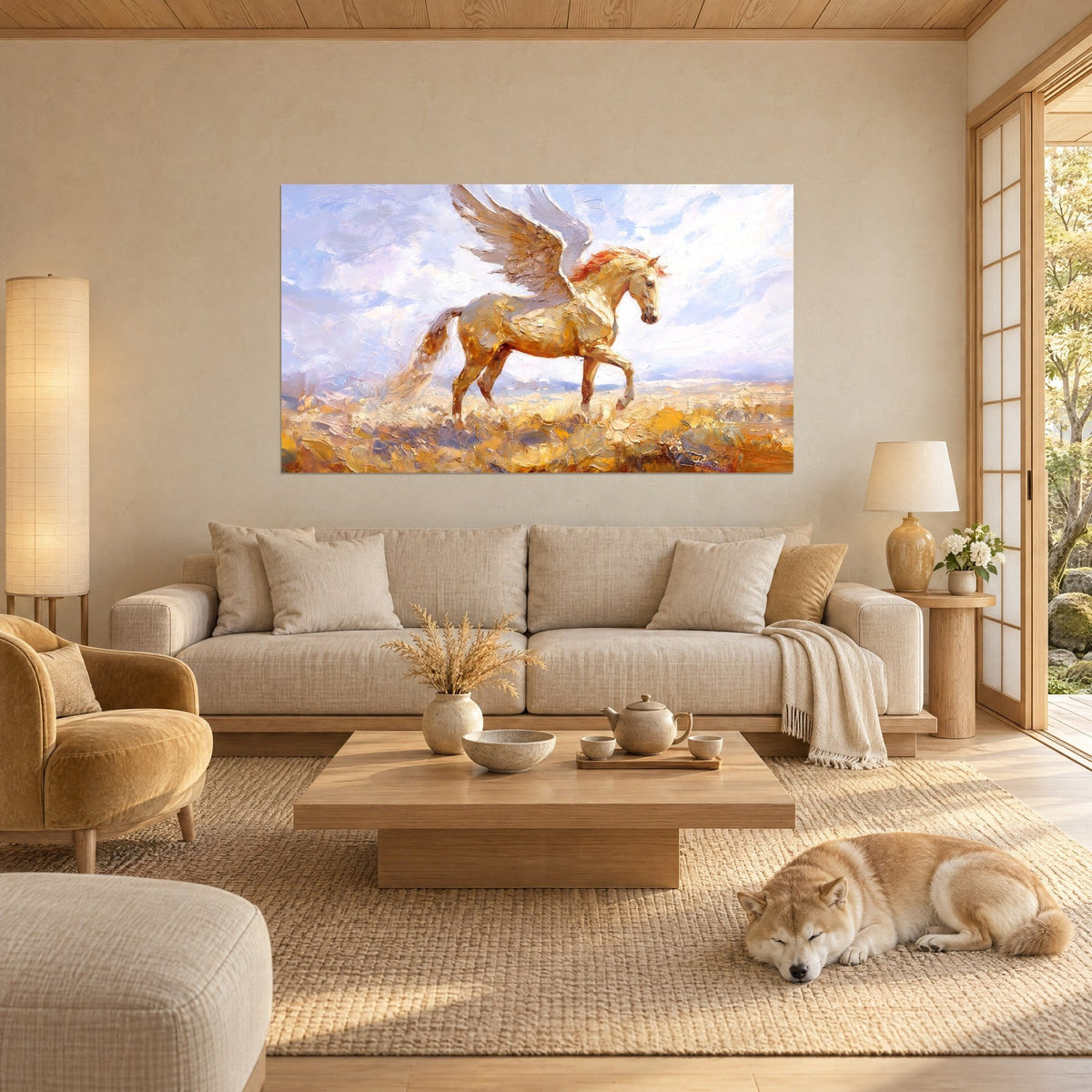 Tableau cheval ailé doré aux ailes blanches, crinière rousse, ciel lavande, Shiba endormi, au-dessus d'un canapé dans un salon lumineux
