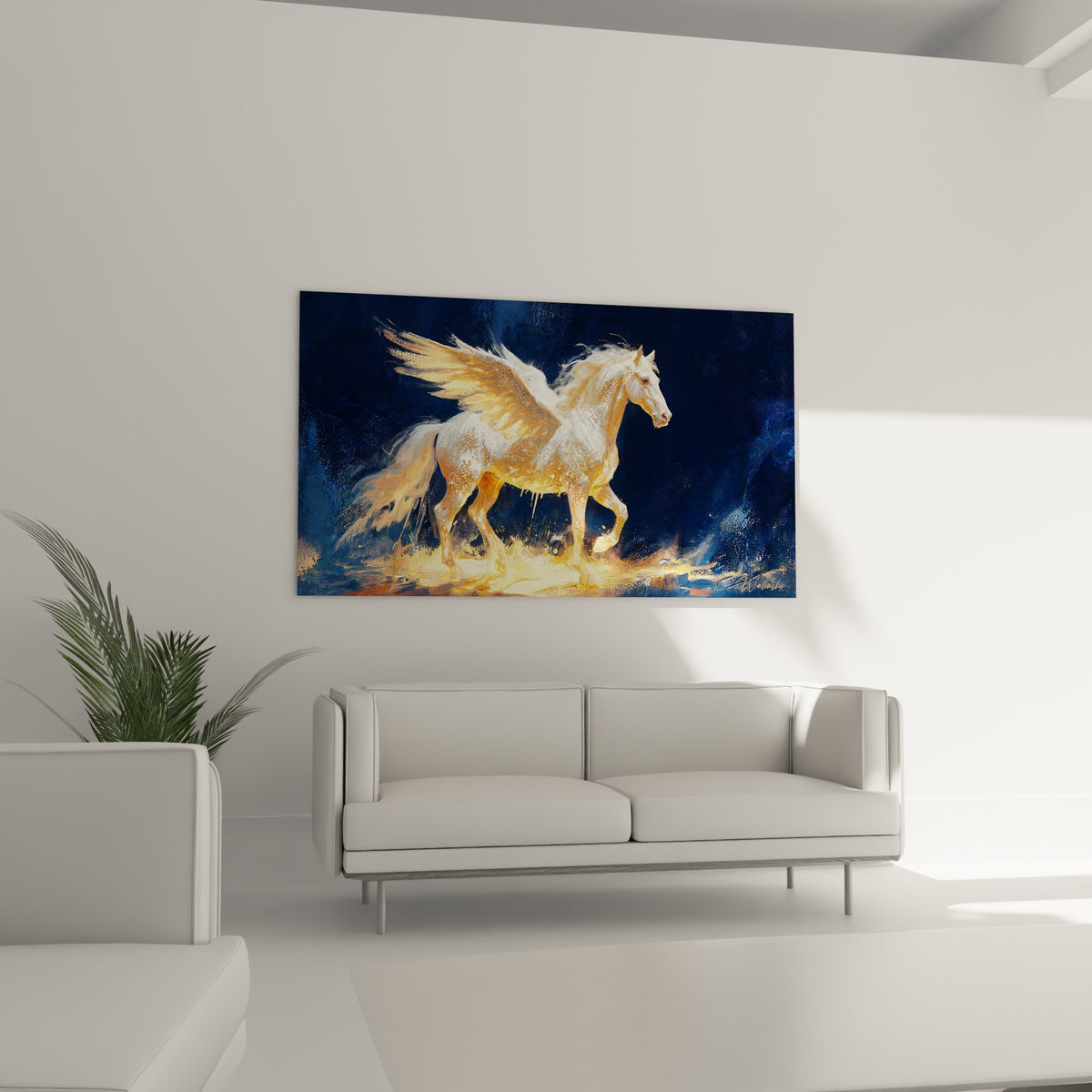Cheval mythique blanc et or traversant une lumière ardente, au-dessus d'un canapé dans un salon lumineux
