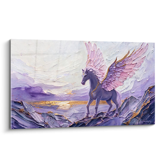 Tableau Cheval ailé mauve et rose sur crête dorée - Lac scintillant à l'horizon - Edition Pégase