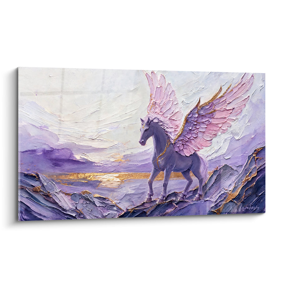 Tableau Cheval ailé mauve et rose sur crête dorée - Lac scintillant à l'horizon - Edition Pégase