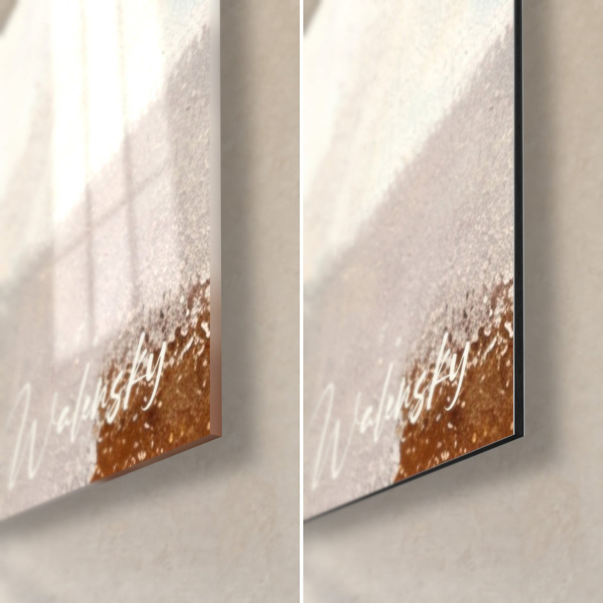 Tableau étalon ailé, coin bas droit : verre acrylique brillant à gauche, alu Dibond mat à droite, brun roux et blanc, tranche 3 mm