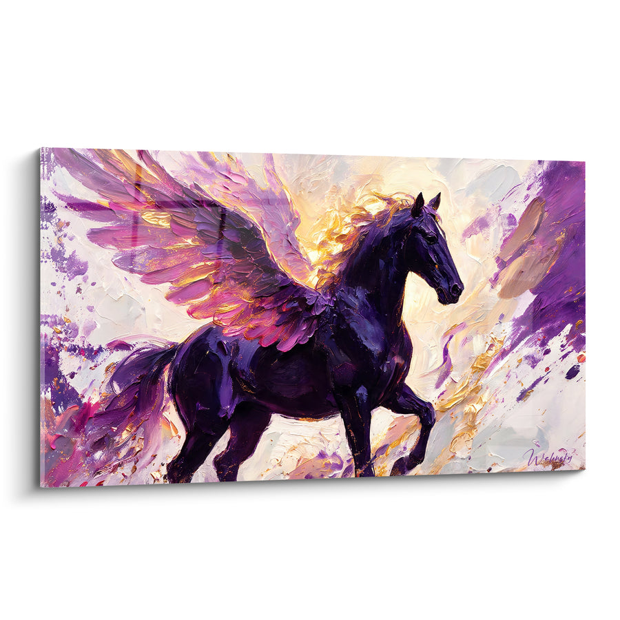 Tableau Cheval ailé noir et violet aux éclats de lumière - Ailes pourpres lumineuses - Edition Pégase