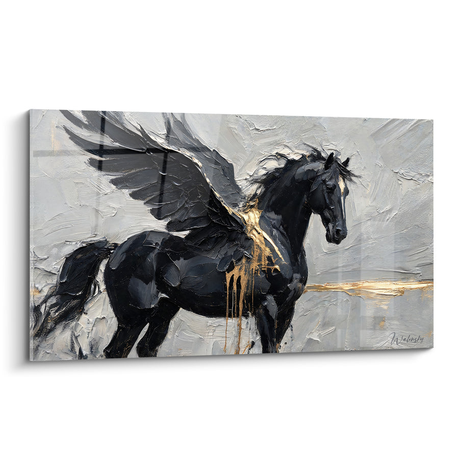 Tableau Cheval ailé noir et gris aux coulures d'or - Texture au couteau - Edition Pégase