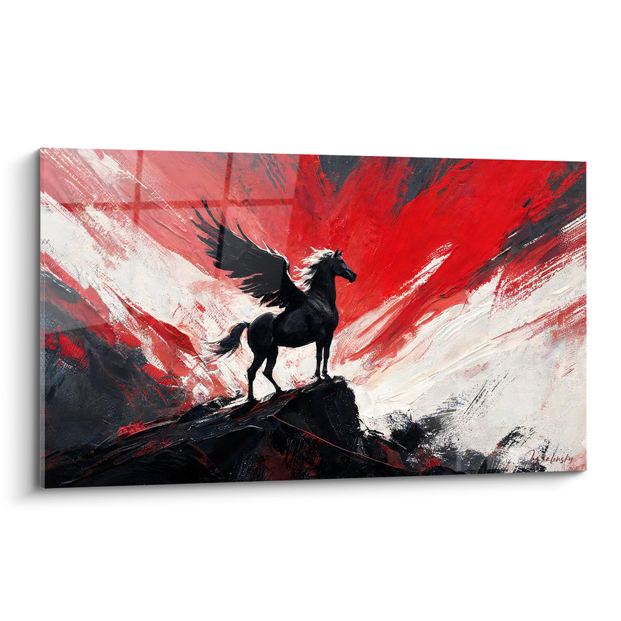 Tableau Pégase noir sur promontoire rouge sang - Vigie flamboyante - Edition Pégase
