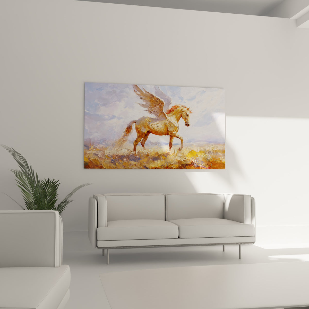 Créature mythique dorée et ocre au-dessus d'un canapé dans un salon lumineux