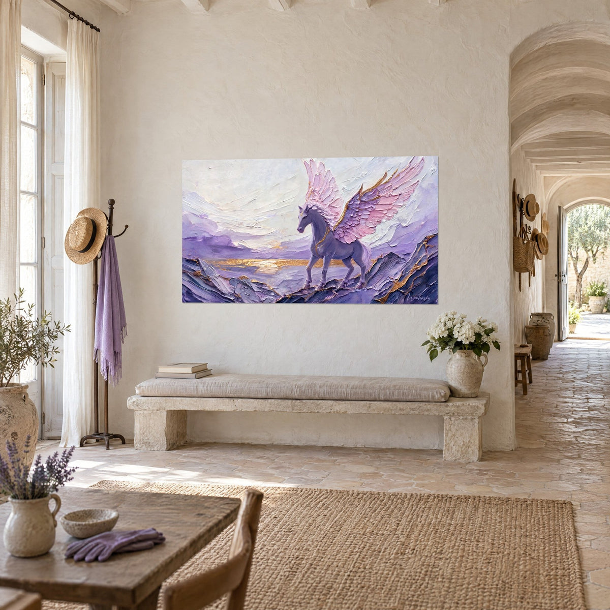 Tableau cheval ailé sur crête rocheuse violette, plumes rose et lavande, lac doré à l'horizon, mur de pierre d'un couloir voûté