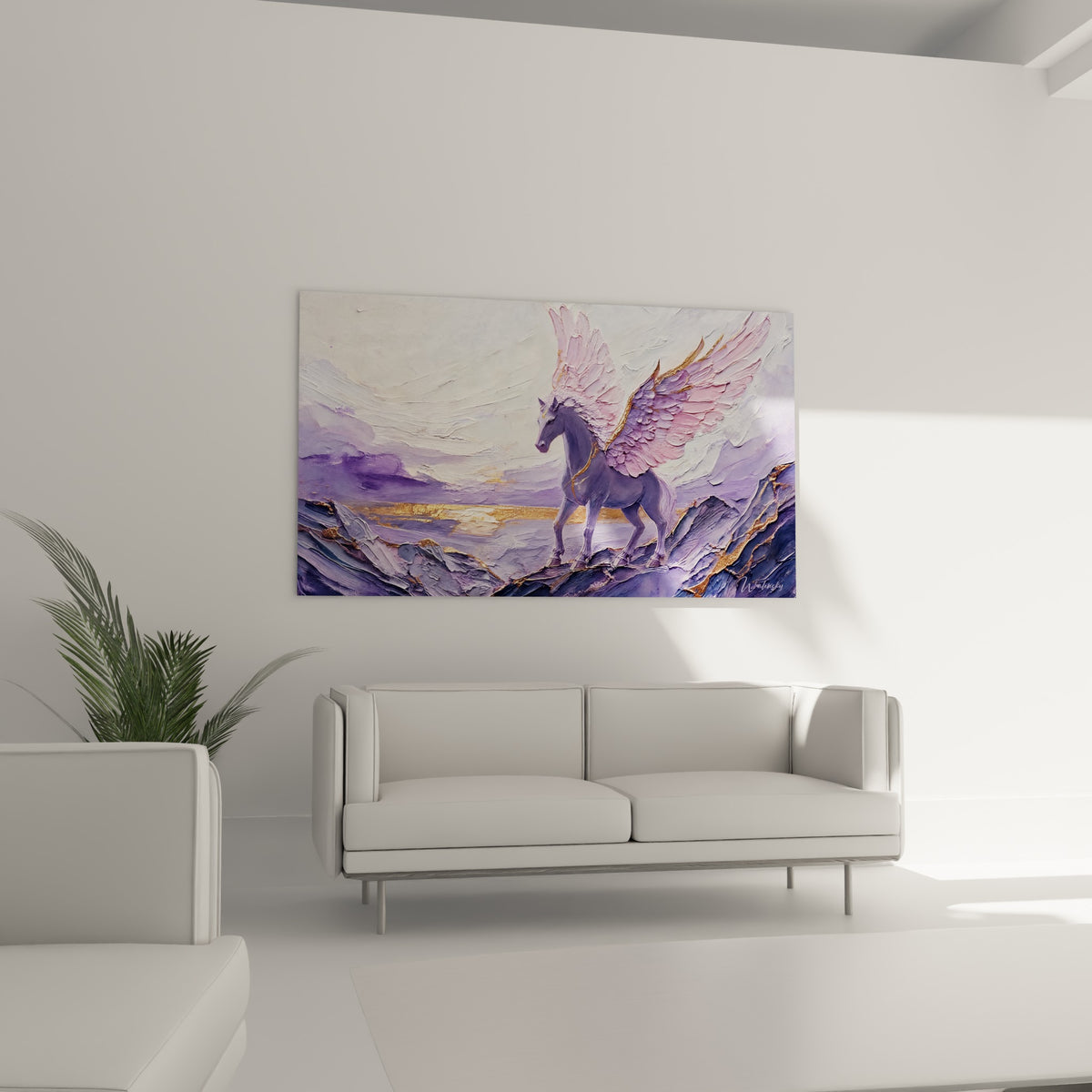 Cheval mythique aux plumes roses et reflets dorés, au-dessus d'un canapé dans un salon lumineux