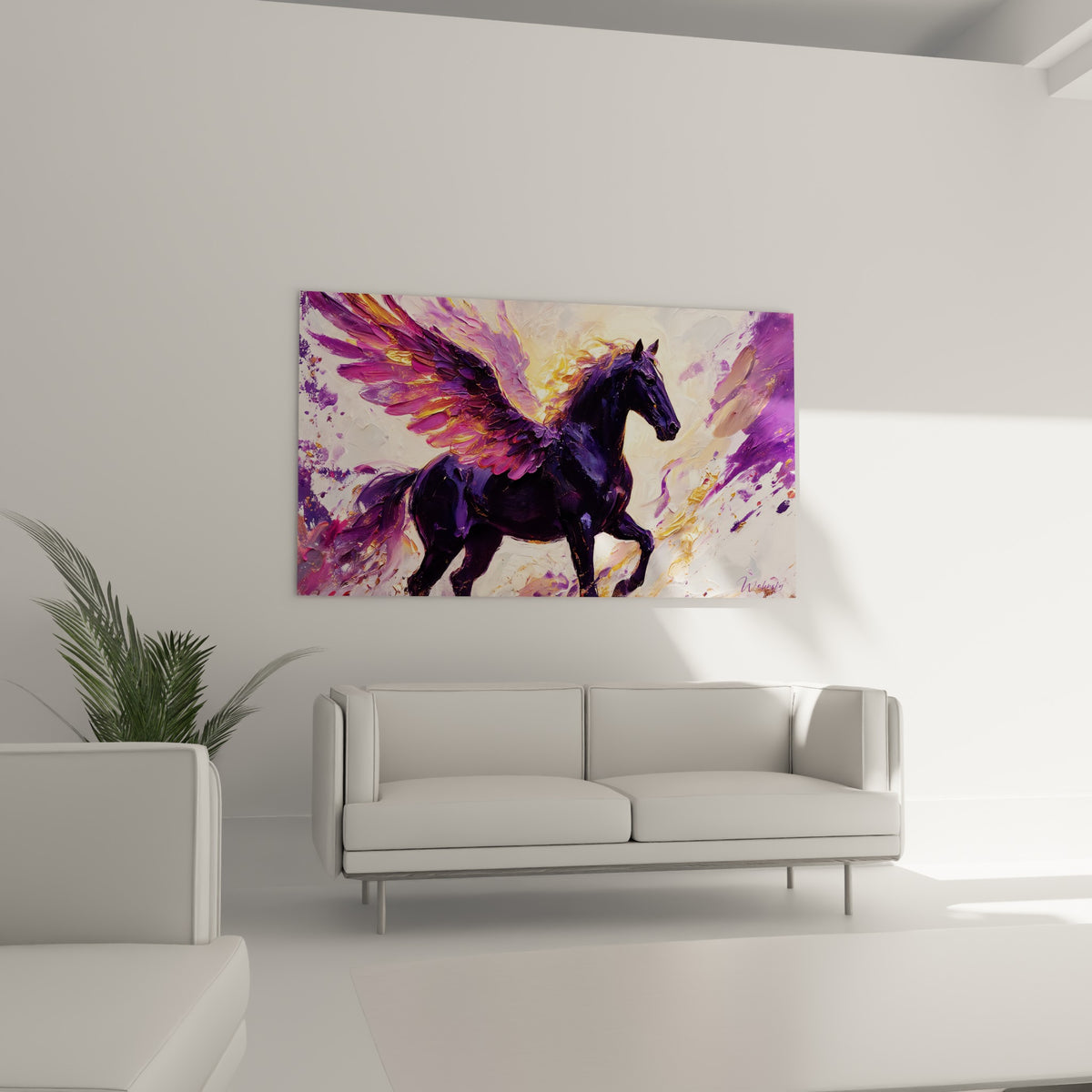Créature mythique violette et anthracite aux ailes déployées, au-dessus d'un canapé dans un salon lumineux
