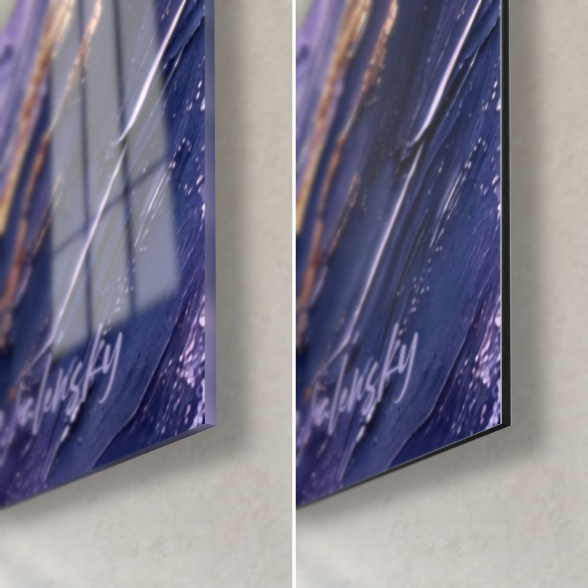Tableau Pégase aux plumes lavande, coin bas droit : verre brillant à reflets à gauche, Dibond mat à droite, tranche de 3 mm