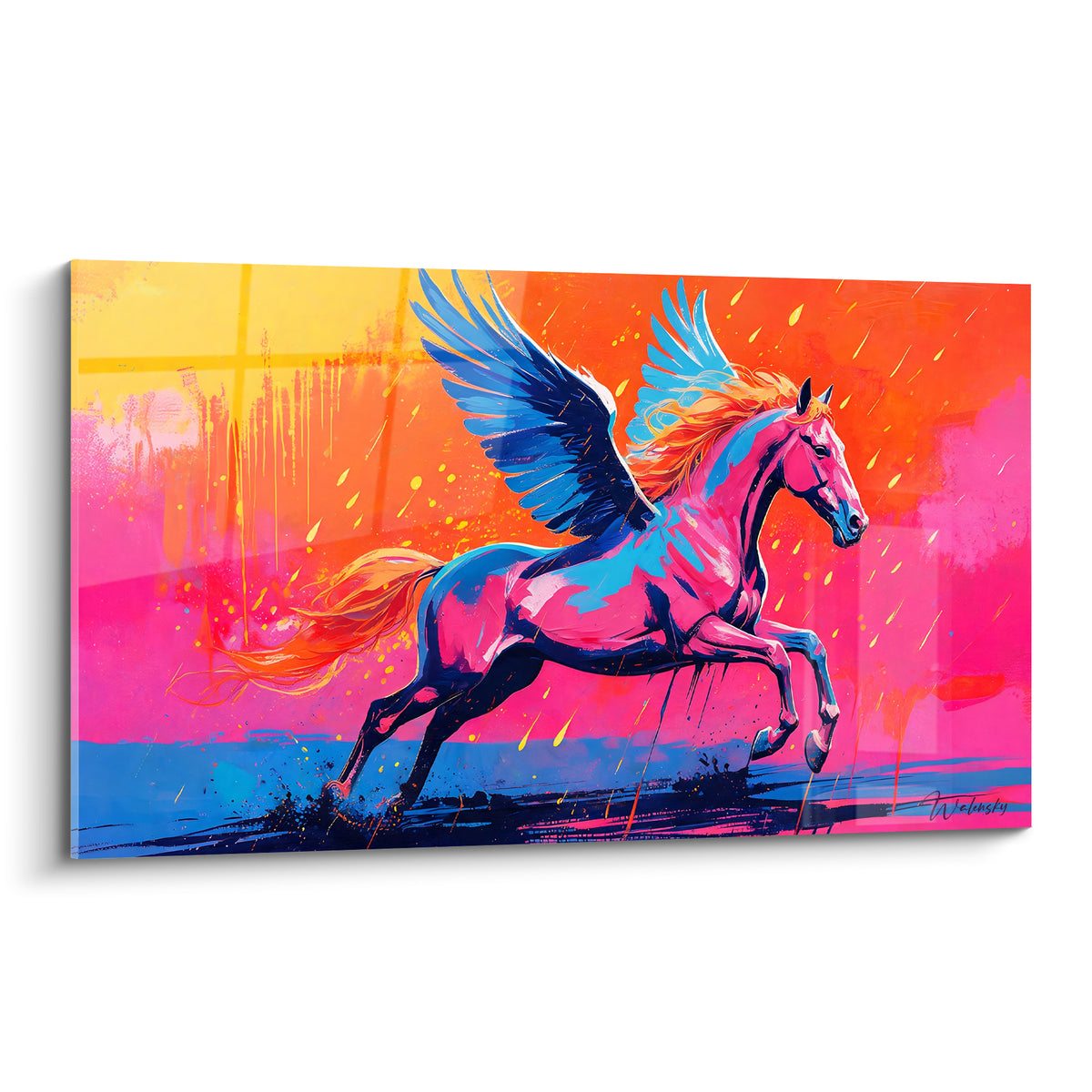Pégase rose fuchsia et bleu marine cabré en plein galop sur fond orangé flamboyant