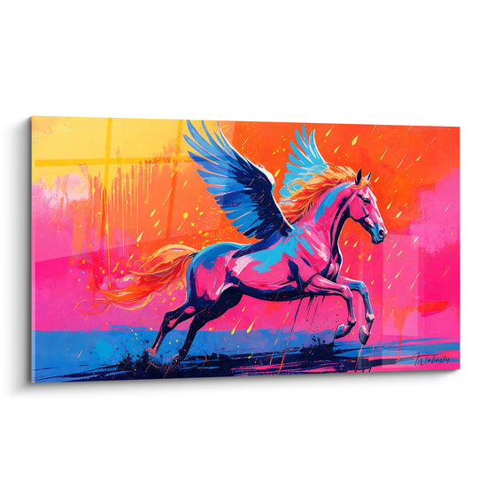 Tableau Cheval ailé rose et bleu au galop éclatant - Éclaboussures acidulées - Edition Pégase