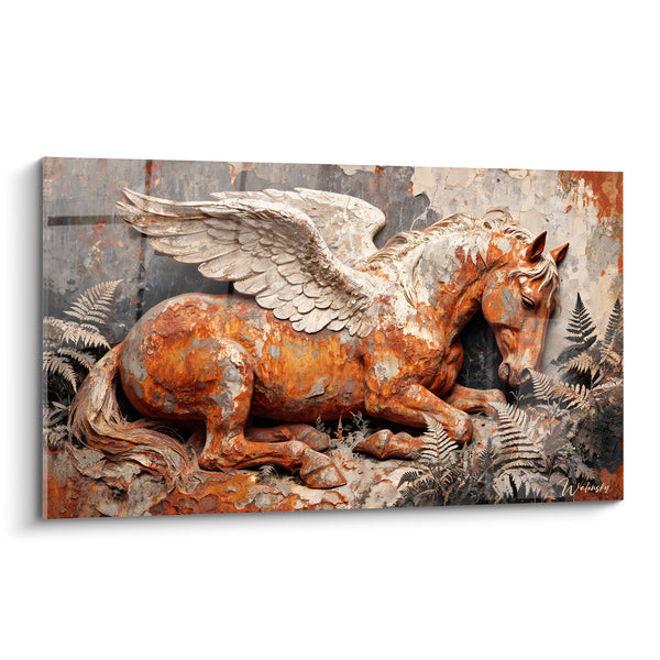 Tableau Cheval ailé rouille et gris couché - Sommeil de bronze - Edition Pégase