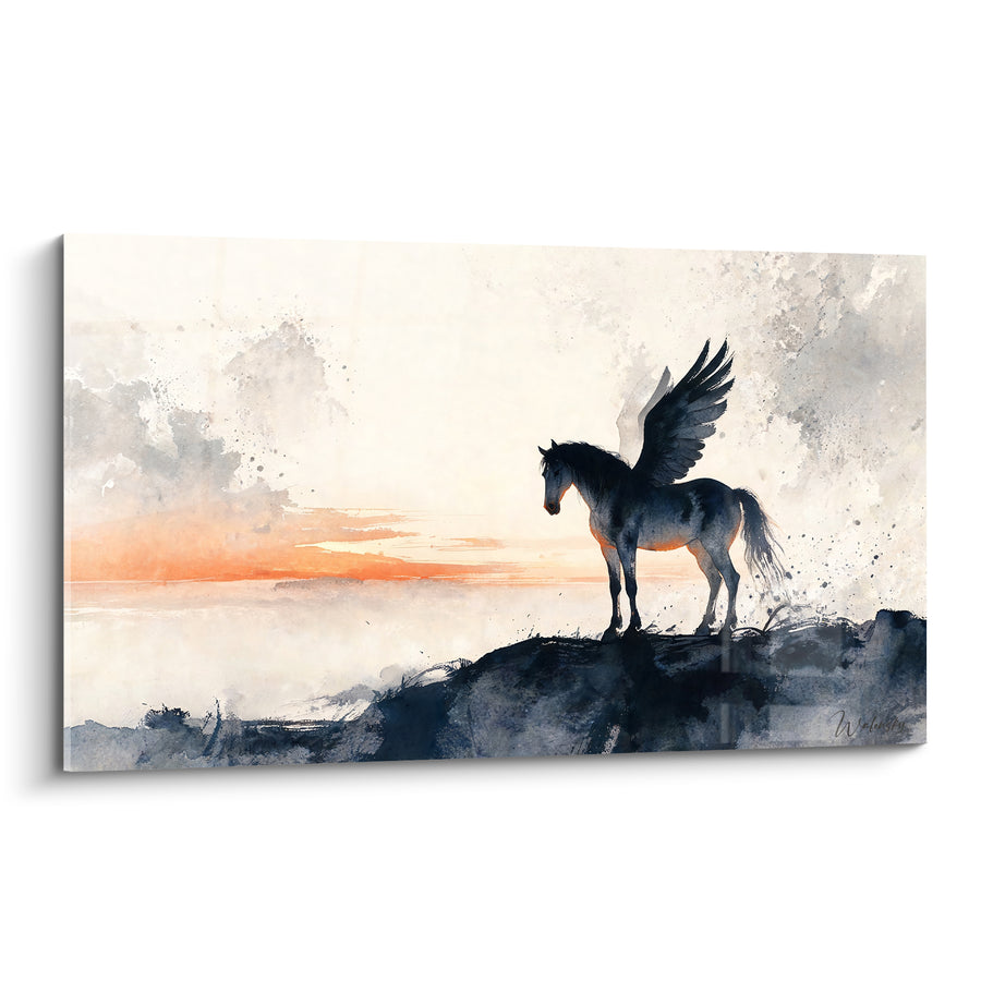 Tableau Cheval ailé bleu nuit et orange sur promontoire - Horizon marin embrasé - Edition Pégase