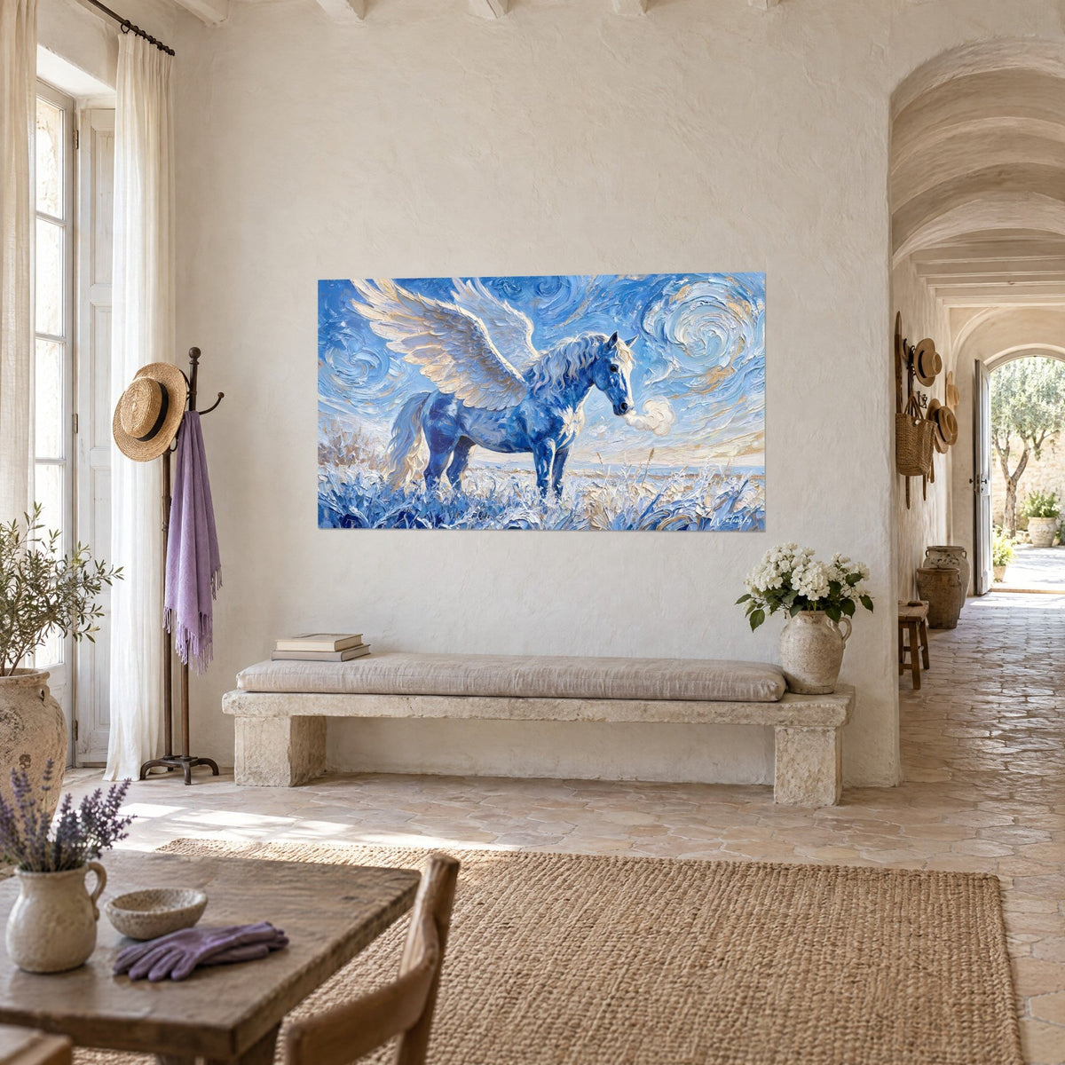 Wall art Pegasus in thick impasto painting, indigo coat and silver mane, pale blue clouds, in a hallway of a Provençal farmhouse
