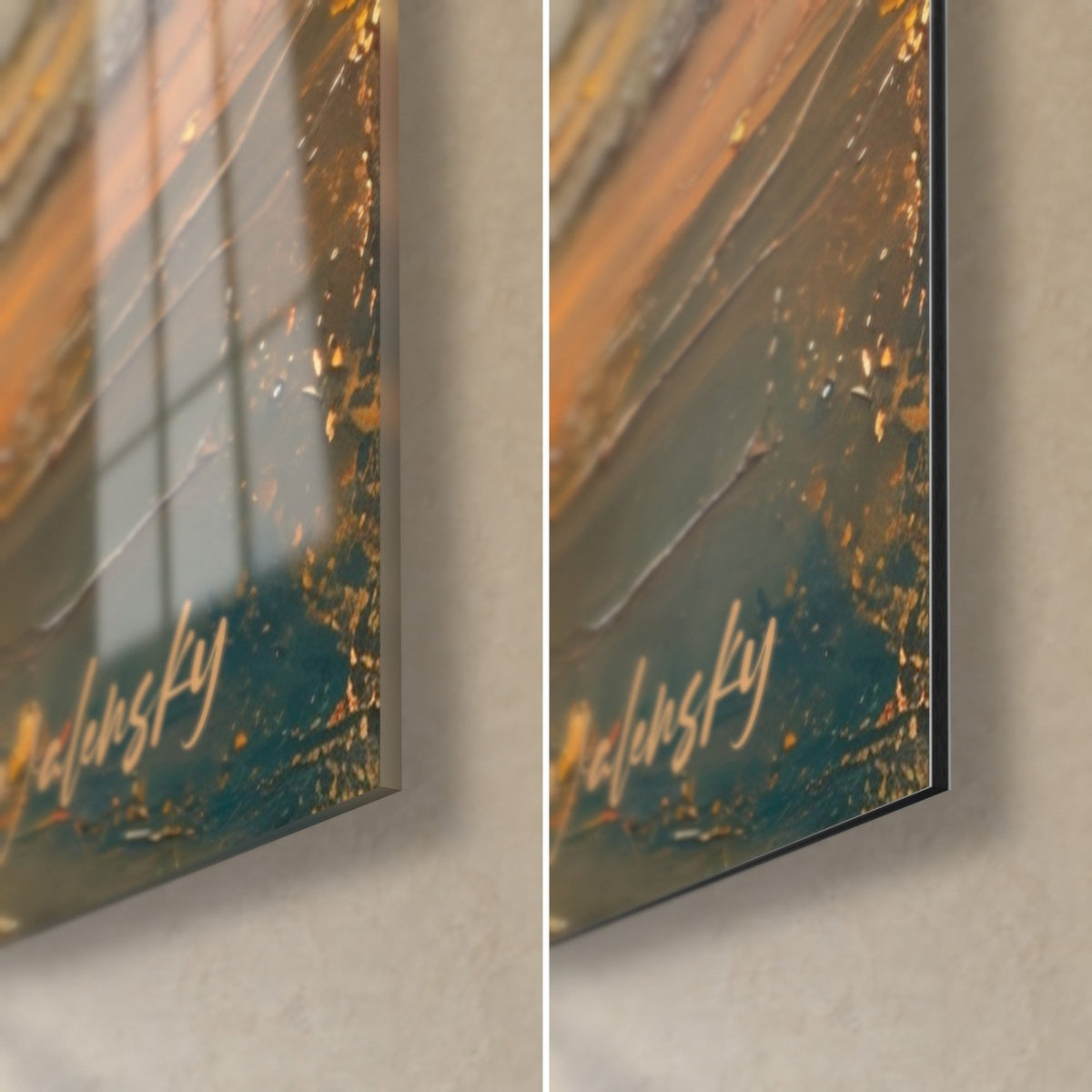 Tableau Pégase noir aux plumes cuivrées, coin bas droit : verre acrylique brillant à gauche, alu Dibond mat à droite, tranche de 3 mm