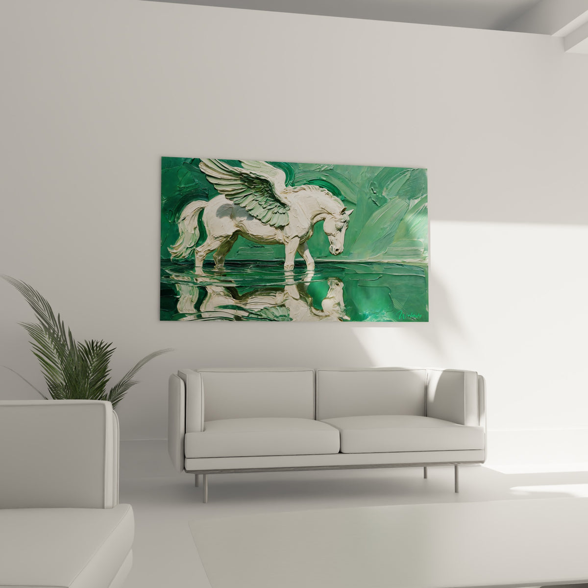 Wall art of Pegasus in thick oil paint, ivory mane and emerald reflection in the water, in a hallway with light beige walls