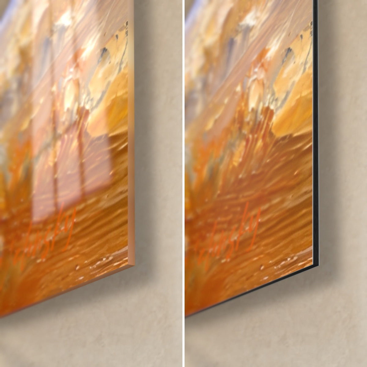 Tableau étalon ailé, coin bas droit, verre acrylique brillant orangé à gauche, alu Dibond mat à droite, tranche noire de 3 mm
