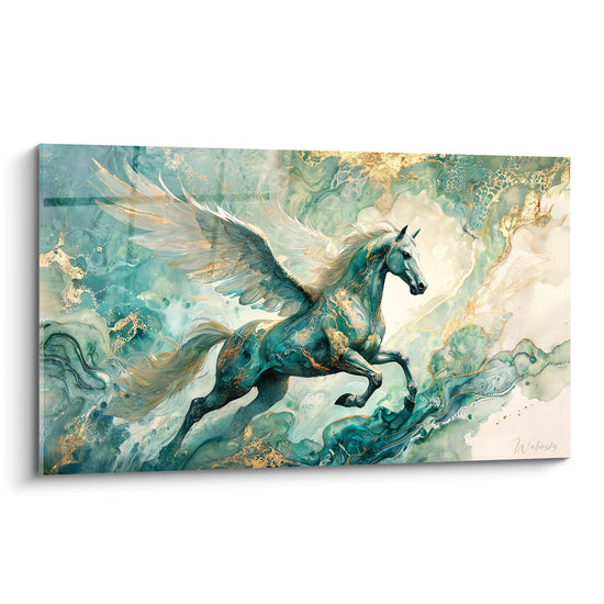 Tableau Cheval ailé turquoise et doré en plein galop - Envol céleste - Edition Pégase
