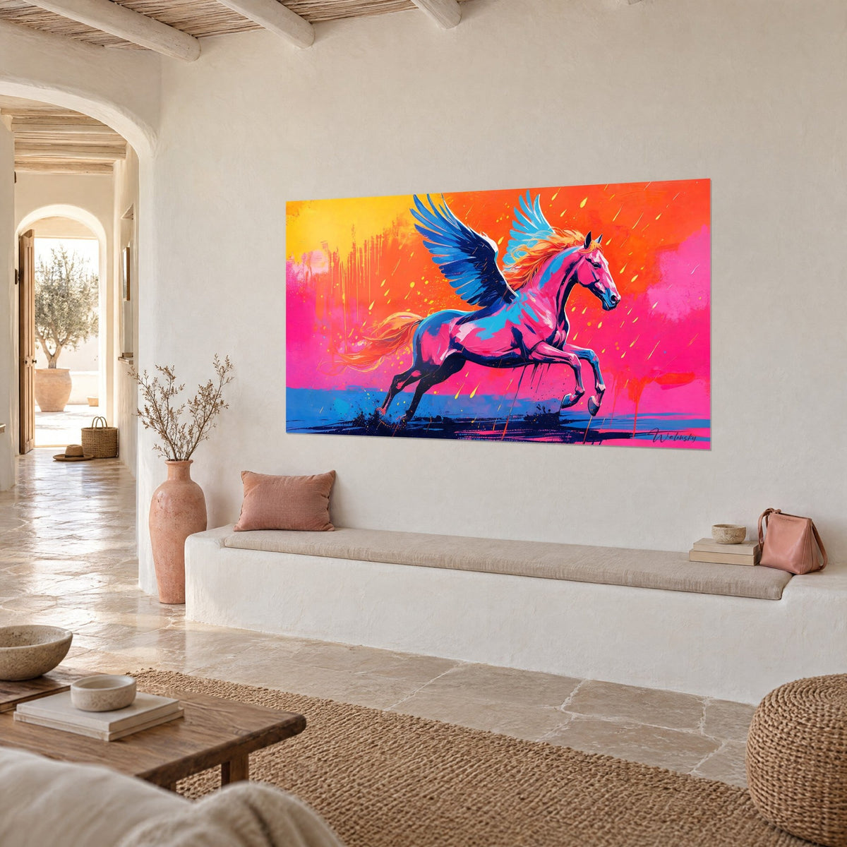 Tableau Pégase fuchsia aux ailes bleu cobalt déployées, éclaboussures jaunes sur fond orangé, mur blanc d'une maison méditerranéenne
