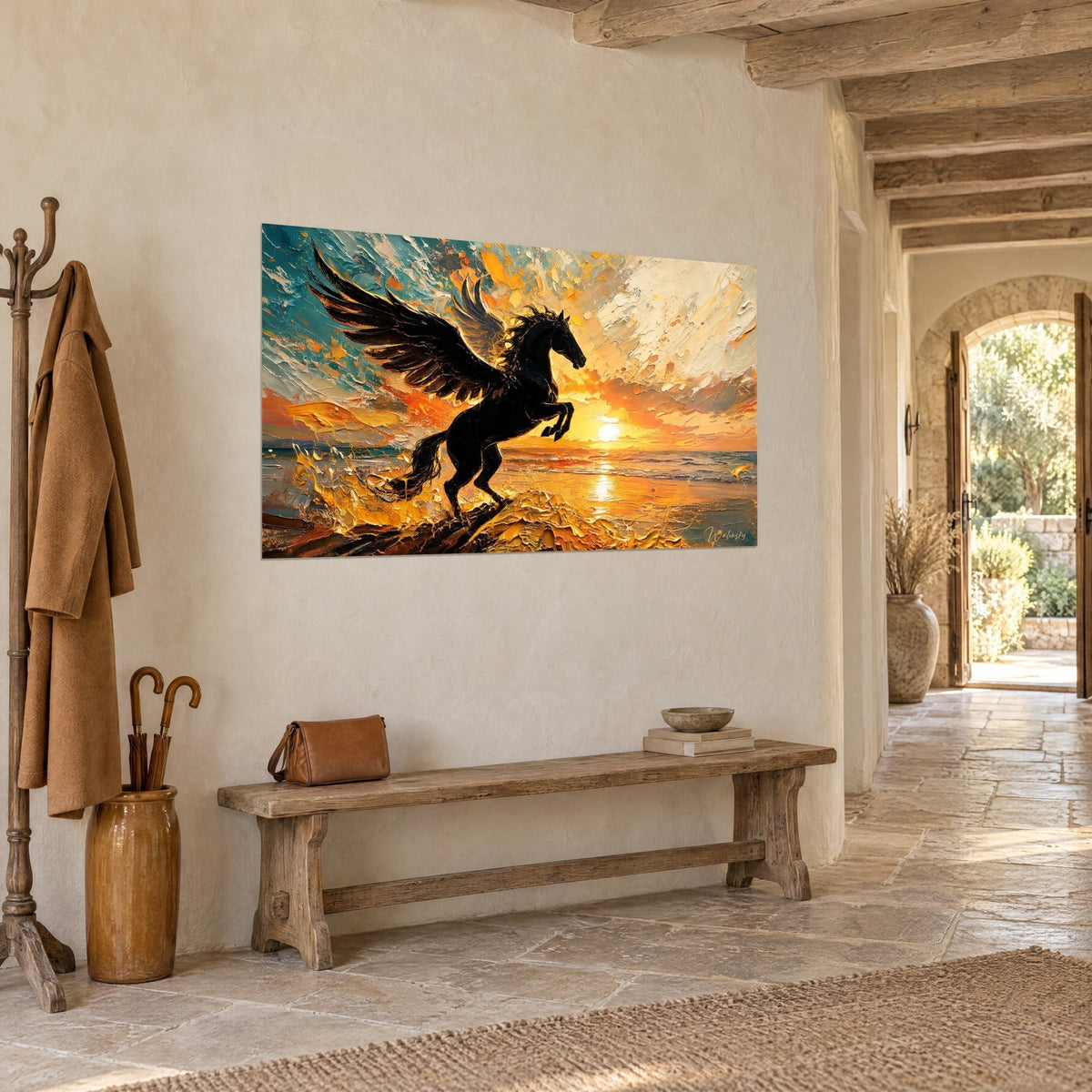 Tableau cheval ailé cabré en silhouette sombre, peinture épaisse jaune et ocre, vue de trois-quarts dans un couloir en pierre claire