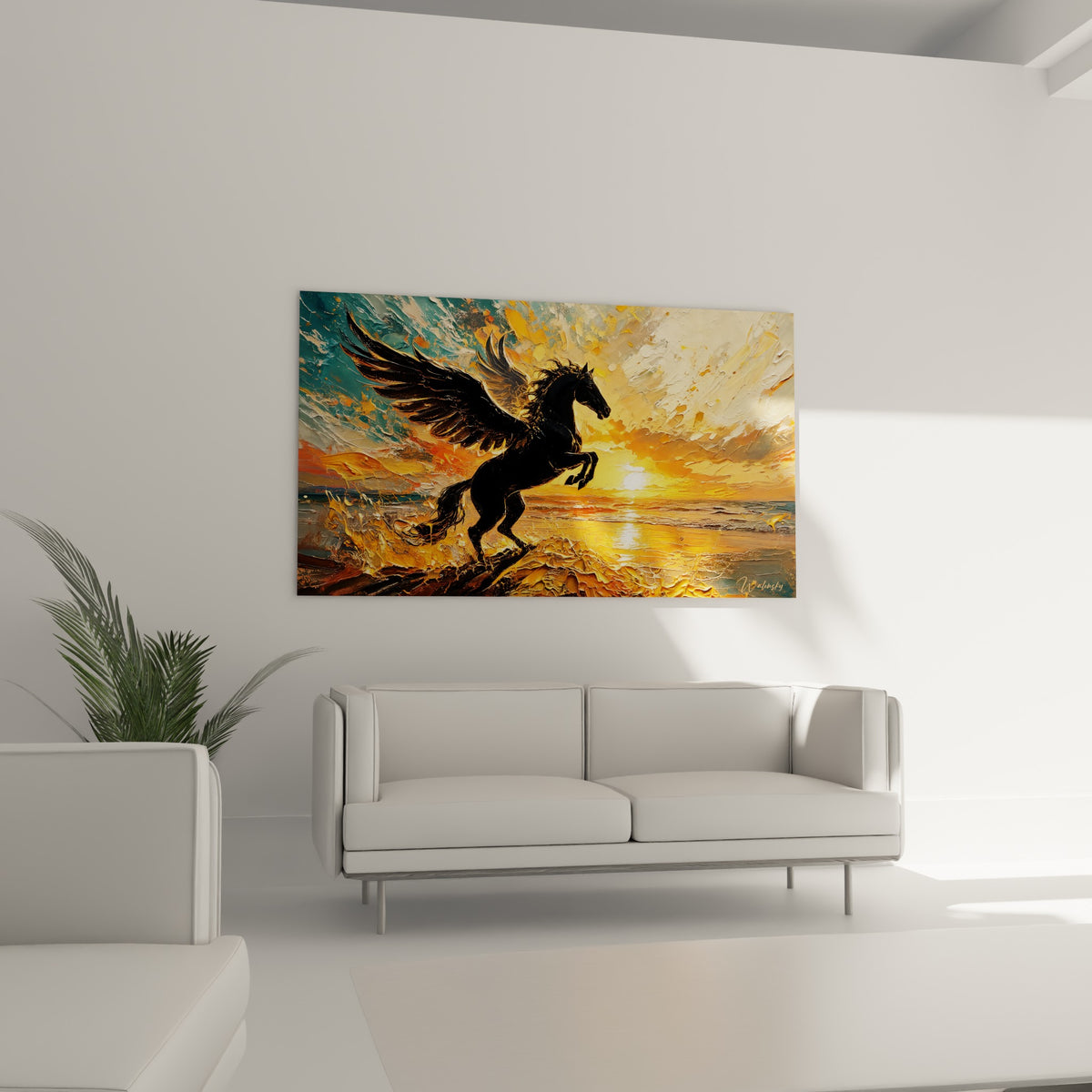 Créature mythique aux ailes sombres surplombant des vagues dorées, au-dessus d'un canapé dans un salon lumineux
